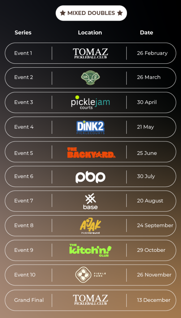 Mixed Doubles 50+ dates and venues